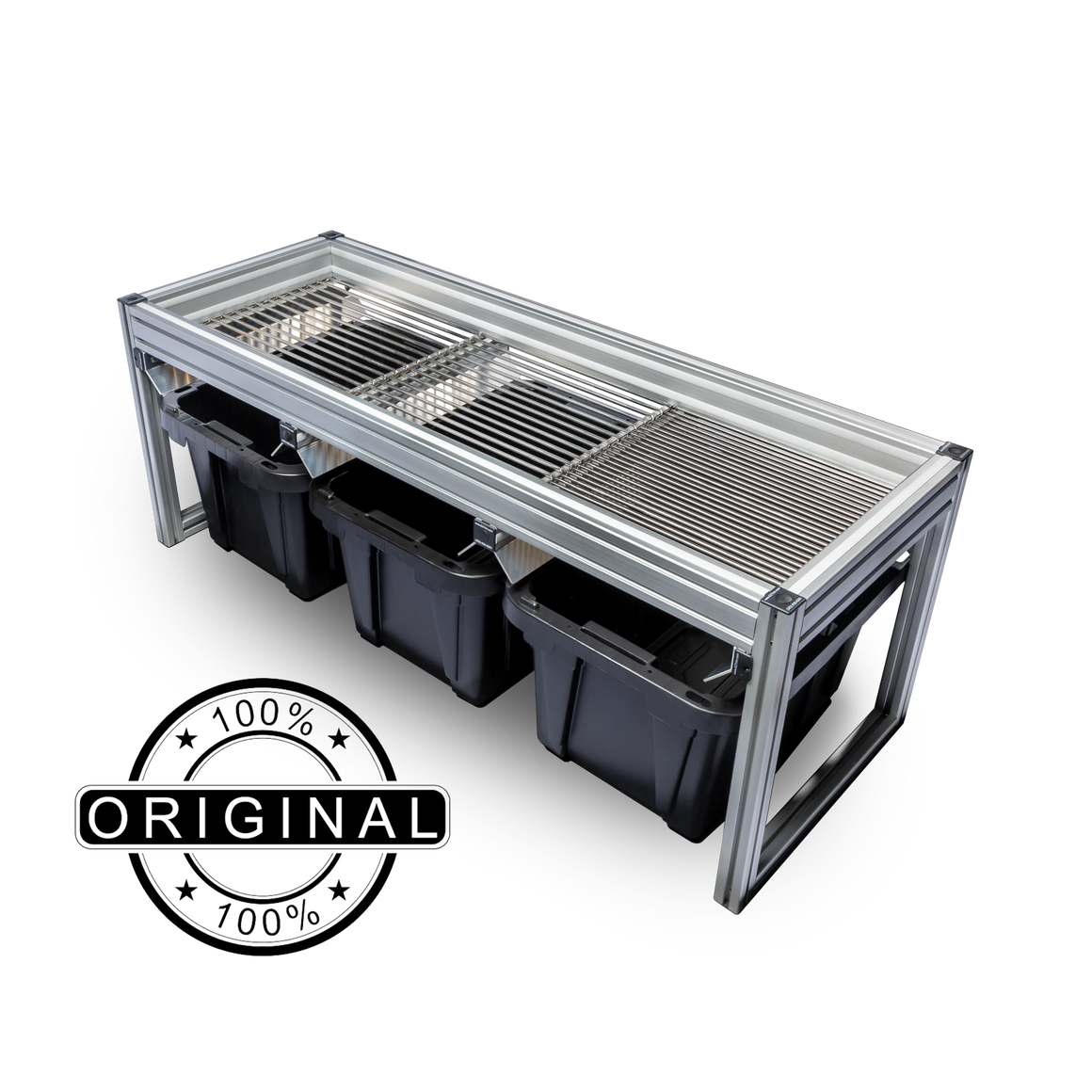 A sleek aluminum frame holds three black bins, with a metal grate on top, on a black background.