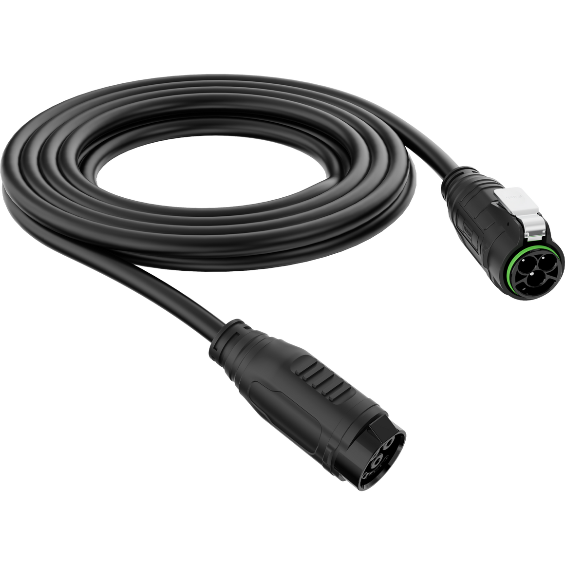 Black coiled cable with two black, multi-pin connectors.