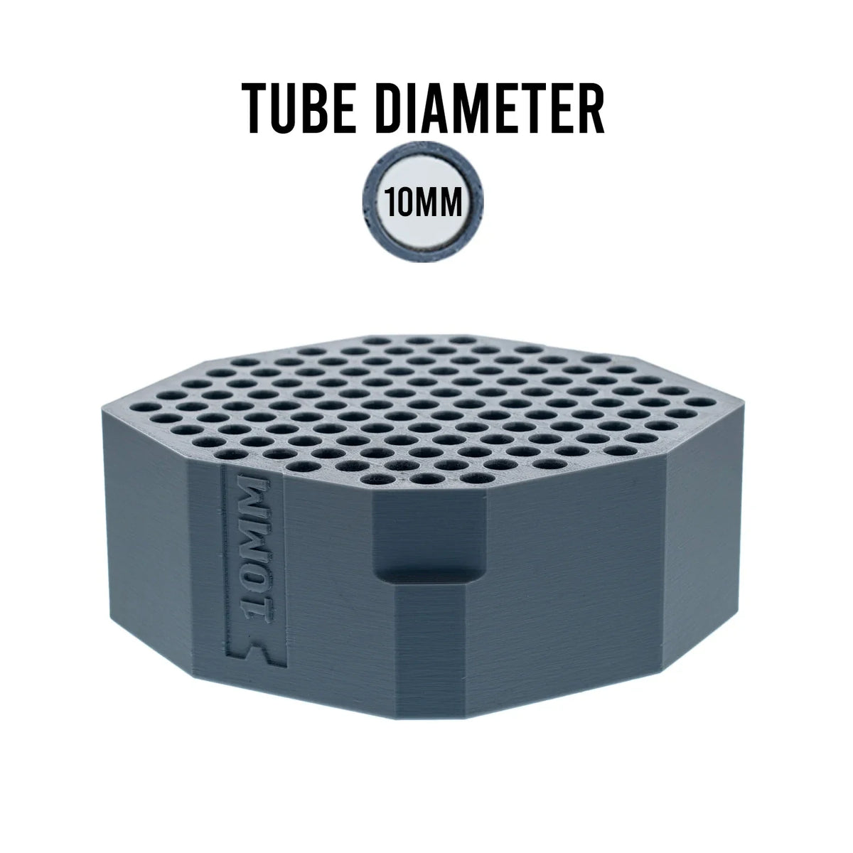 Dark gray hexagonal 10mm tube insert tray, featuring "TUBE DIAMETER 10MM" text and an embossed '10MM'.