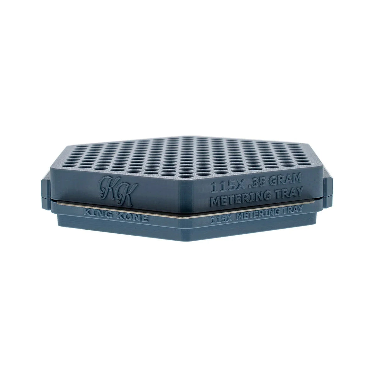 King Kone 1.15x .35g dark grey hexagonal tube metering tray with many small holes.