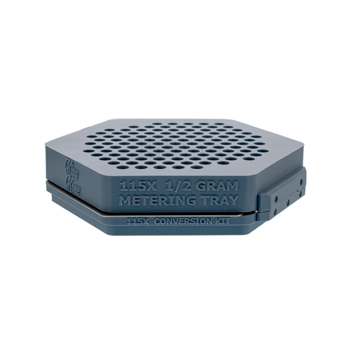Grey hexagonal King Kone 115X 1/2 gram metering tray and conversion kit with perforated top.