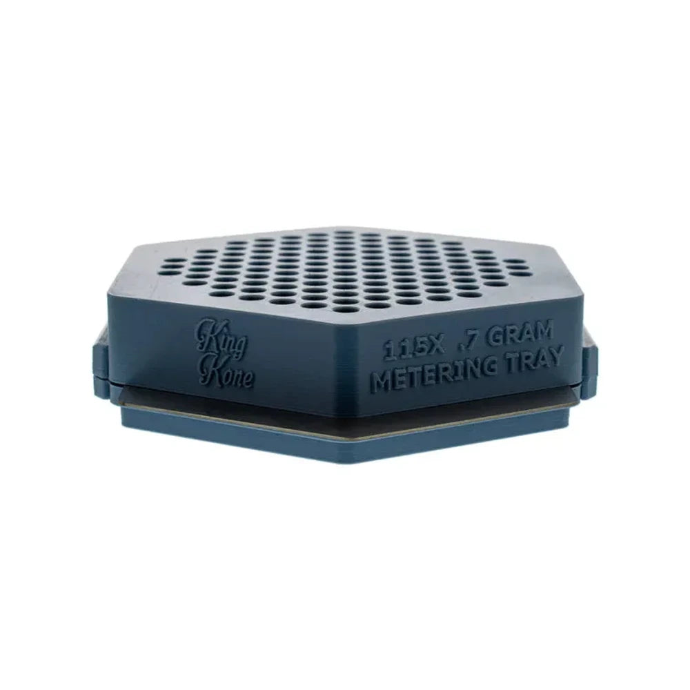 Dark blue King Kone hexagonal 115-tube .7g metering tray with perforated top for precise filling.