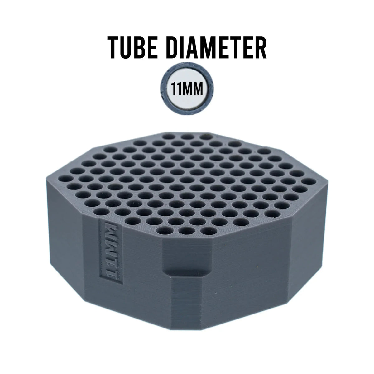 Hexagonal dark gray 11mm tube rack with numerous holes for lab tubes on a white background.