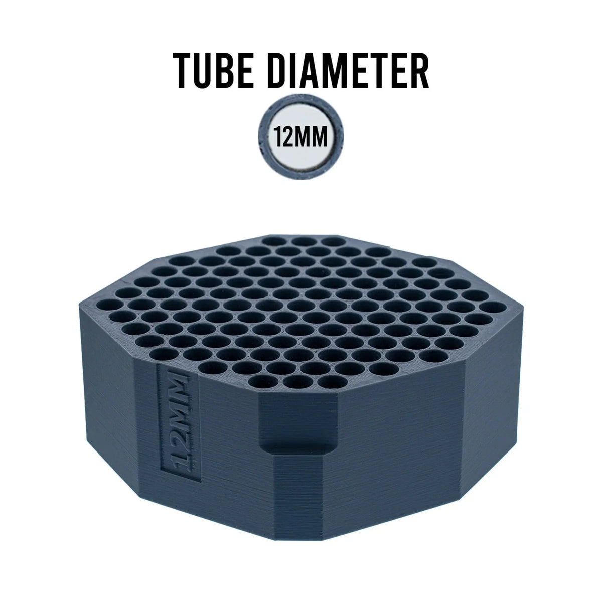 Dark blue hexagonal 12mm insert tube tray with many holes, clearly labeled "TUBE DIAMETER 12MM".