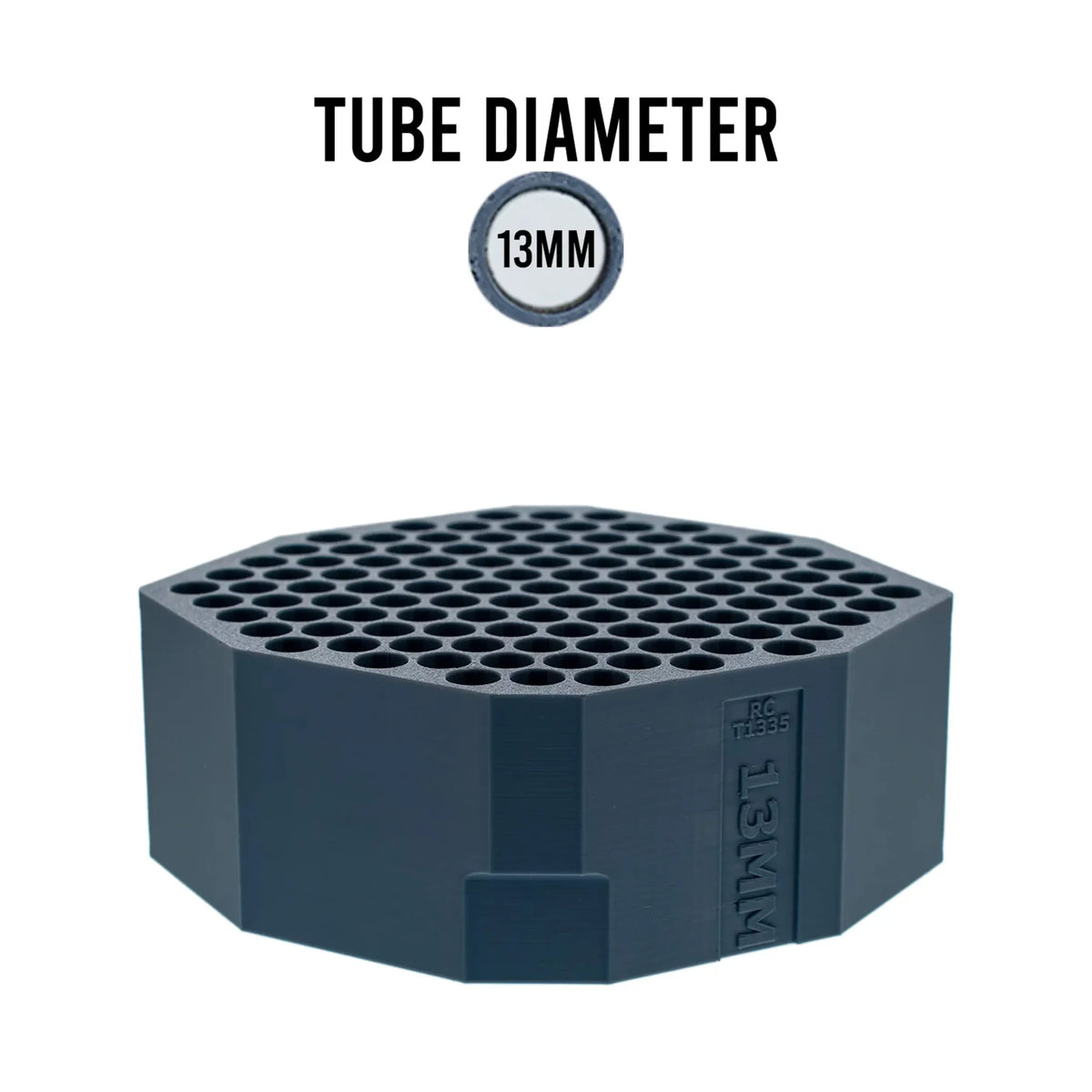 Dark blue hexagonal King Kone 13mm tube insert tray with multiple holes, labeled "TUBE DIAMETER 13MM".