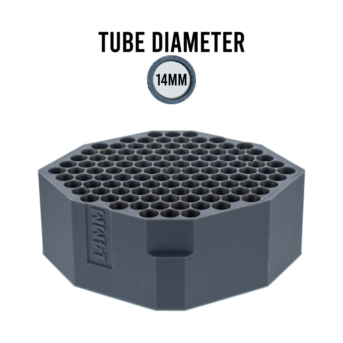 Dark gray hexagonal 14mm tube insert tray with 109 wells. "14MM" text is visible on the side and above.