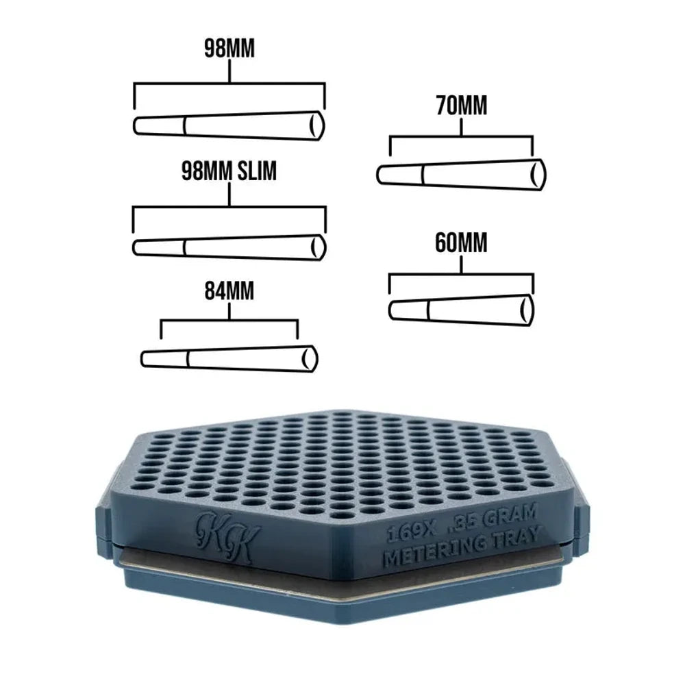 King Kone metering tray with 169 holes for .35g cones, alongside diagrams of 98mm, 84mm, 70mm, 60mm pre-roll sizes.