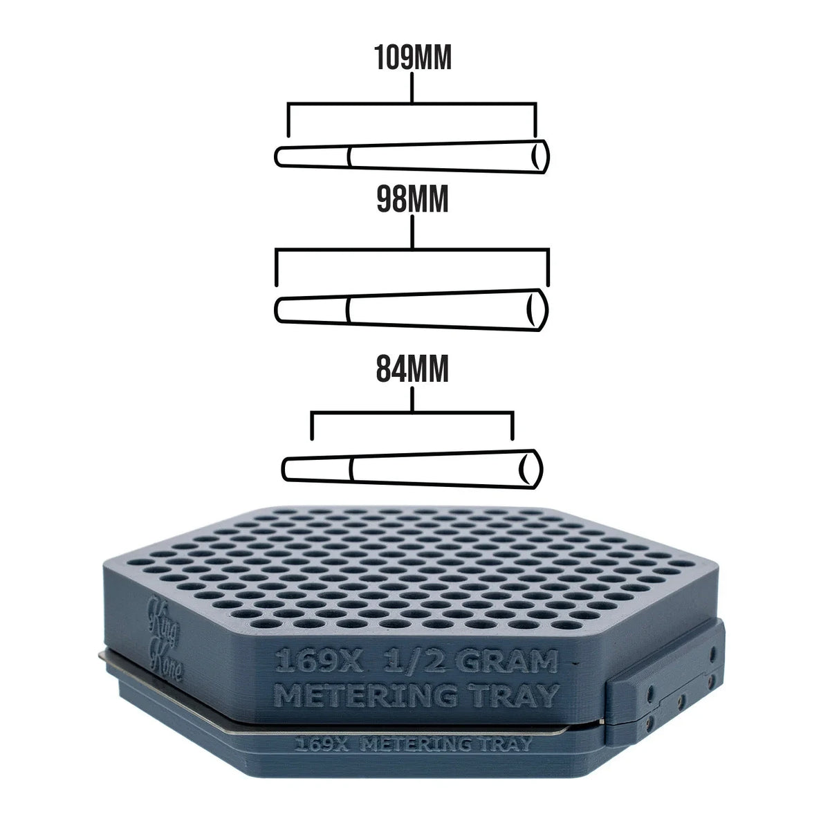 King Kone 169X 1/2 gram metering tray in gray, with illustrations of 109mm, 98mm, 84mm pre-roll cone sizes.