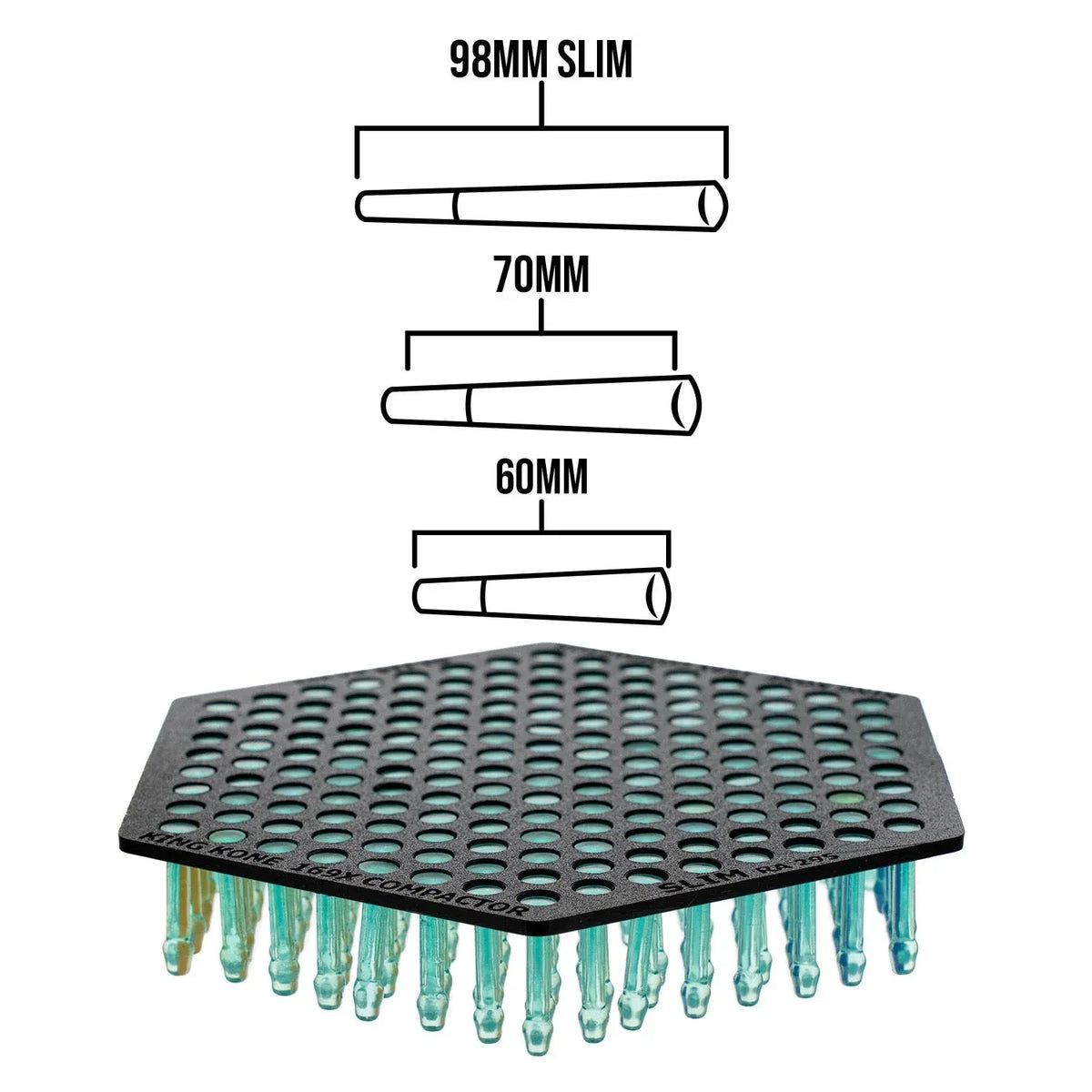 98mm slim, 70mm, 60mm cone size diagrams over a black King Kone 169X compactor with many teal packing fingers.