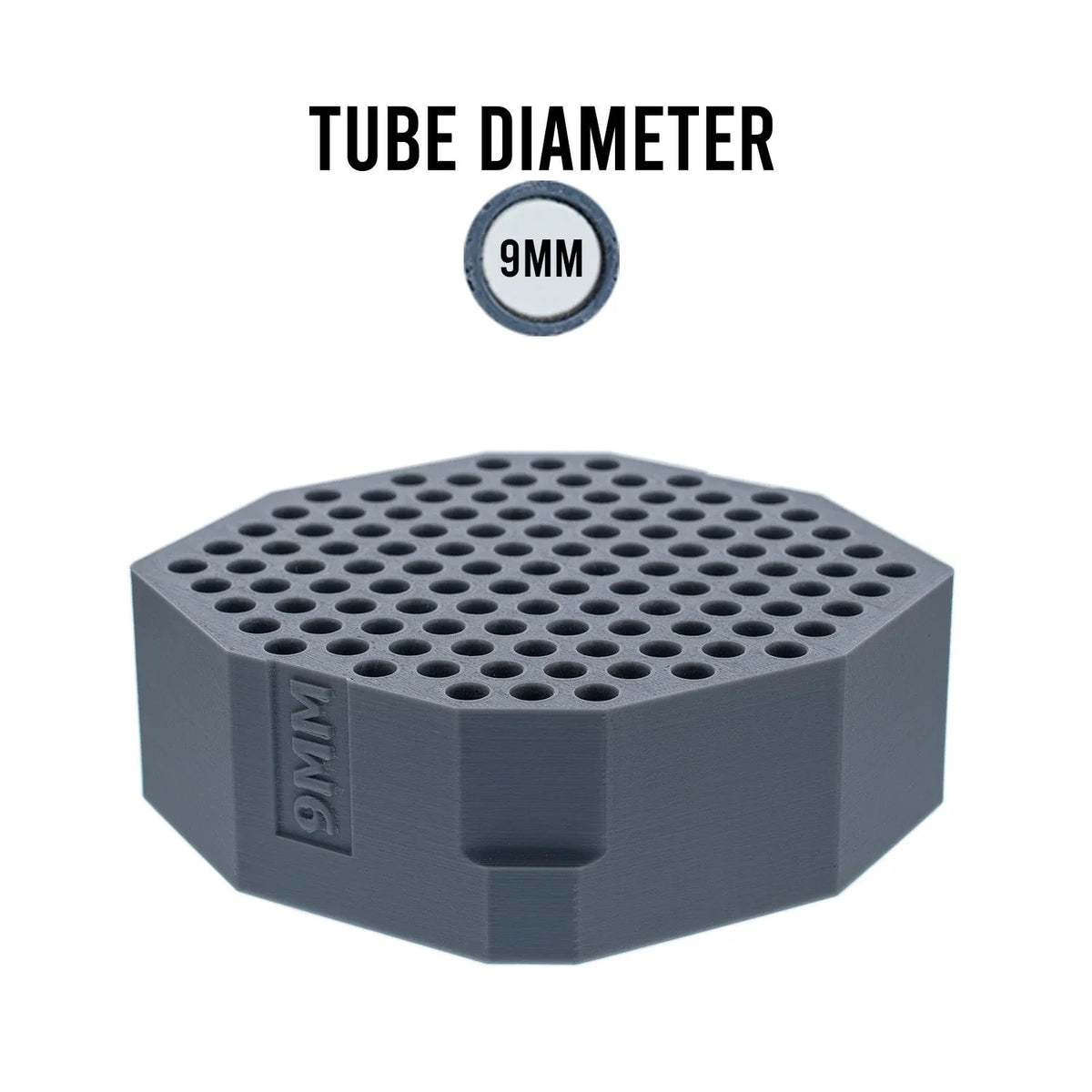 Gray hexagonal tube rack with numerous wells for 9mm diameter tubes, labeled '9MM'.
