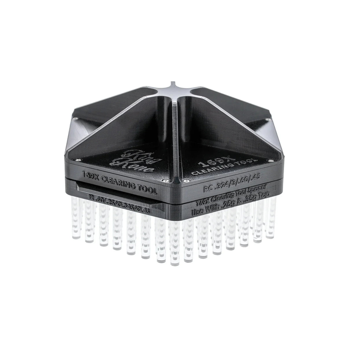 Black hexagonal King Kone 169X Clearing Tool with clear pins, designed for a 169 tube metering tray.