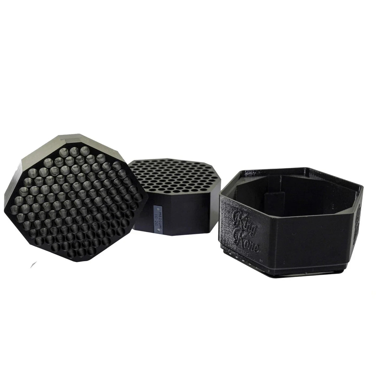 Black hexagonal King Kone pre-roll cone conversion kit for 115 tubes, showing tamper, base, and container.