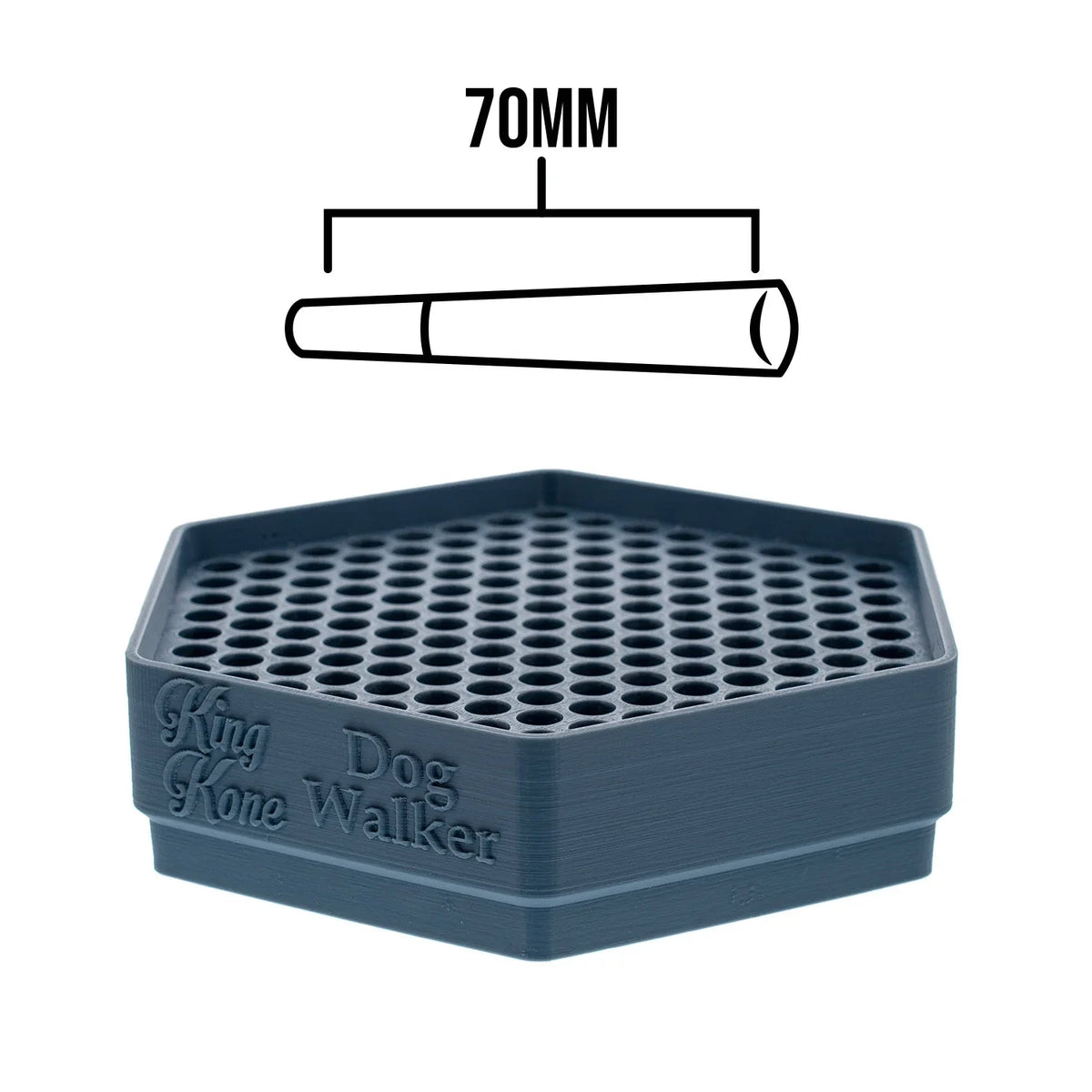 Dark blue King Kone Dog Walker 70mm pre-roll cone filling tray with grid holes, and a diagram showing 70mm cone.