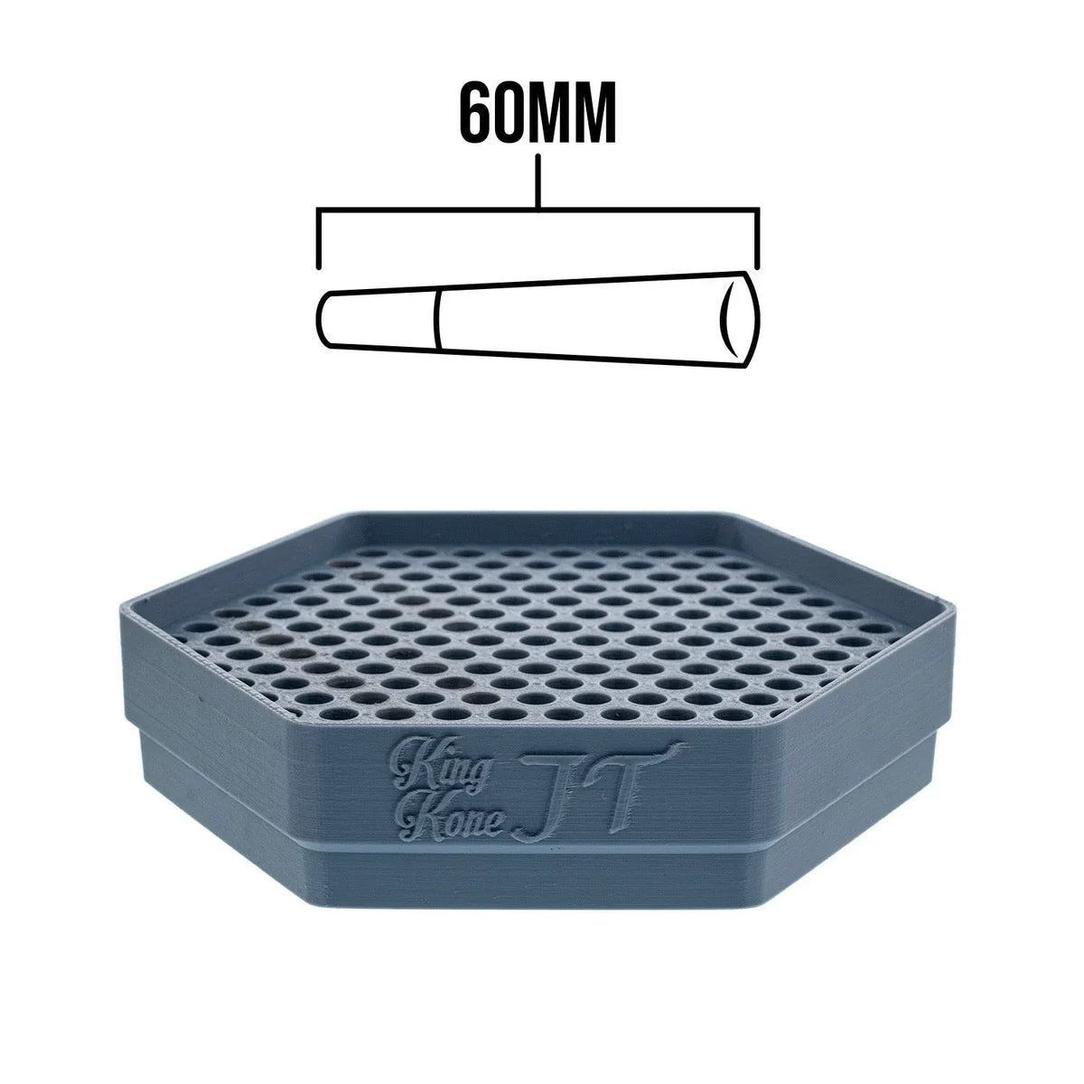 King Kone JT gray hexagonal pre-roll tray with a grid of holes, shown with a 60MM cone diagram above.