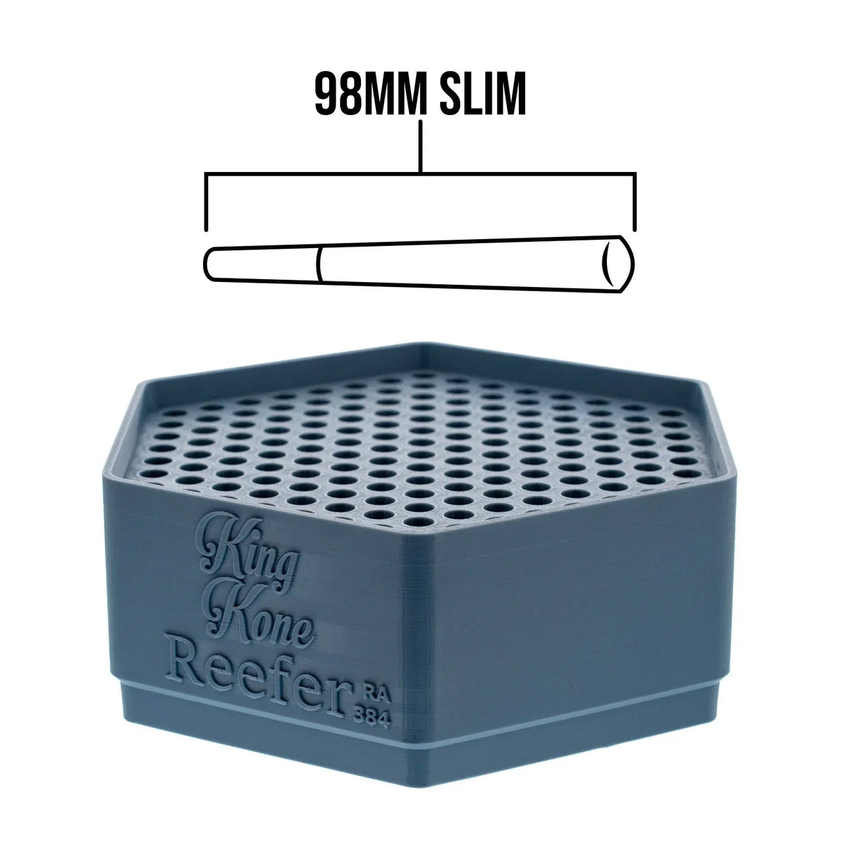 Dark blue hexagonal King Kone Reefer 384 tray with grid top, for 98mm slim pre-rolls. Includes size diagram.