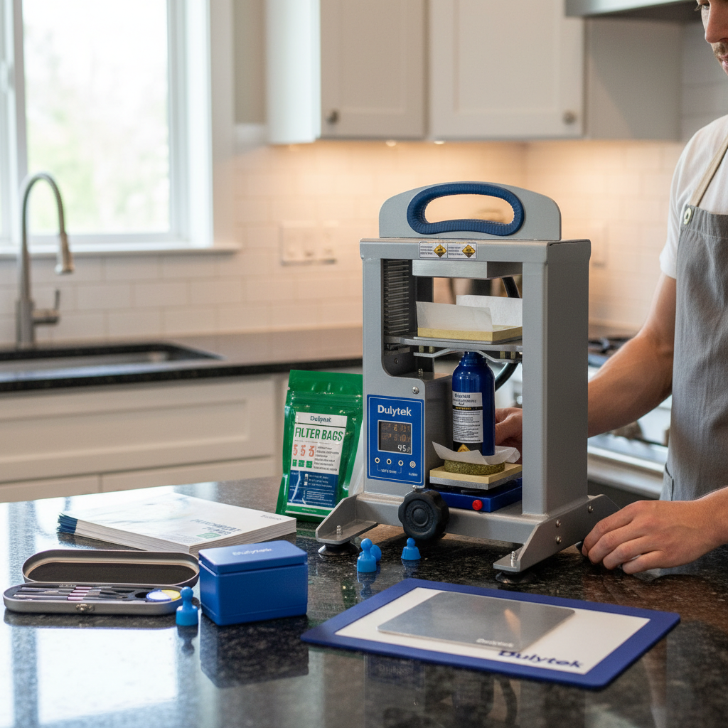 Dulytek 5-ton rosin press in kitchen with filter bags and tools.