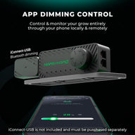 Mars Hydro dimmer box with app control and phone interface showing 28% brightness.