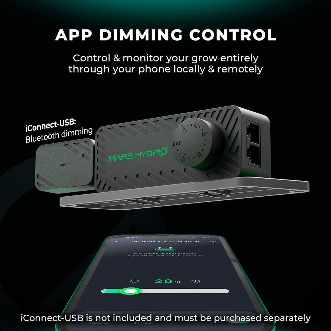Mars Hydro LED grow light dimmer with app control via iConnect-USB.