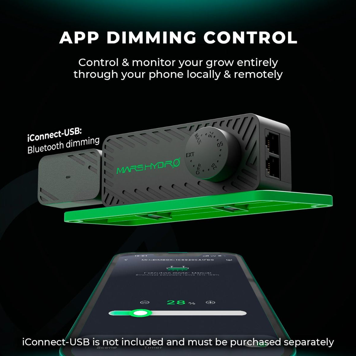 Mars Hydro iConnect-USB controller for dimmable LED grow lights, shown with phone app interface.