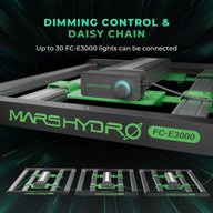 Mars Hydro FC-E3000 LED grow lights connected in a daisy chain, with dimming control.