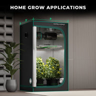 Mars Hydro FC-E3000 LED grow light in a 3'x3' tent with lush plants.