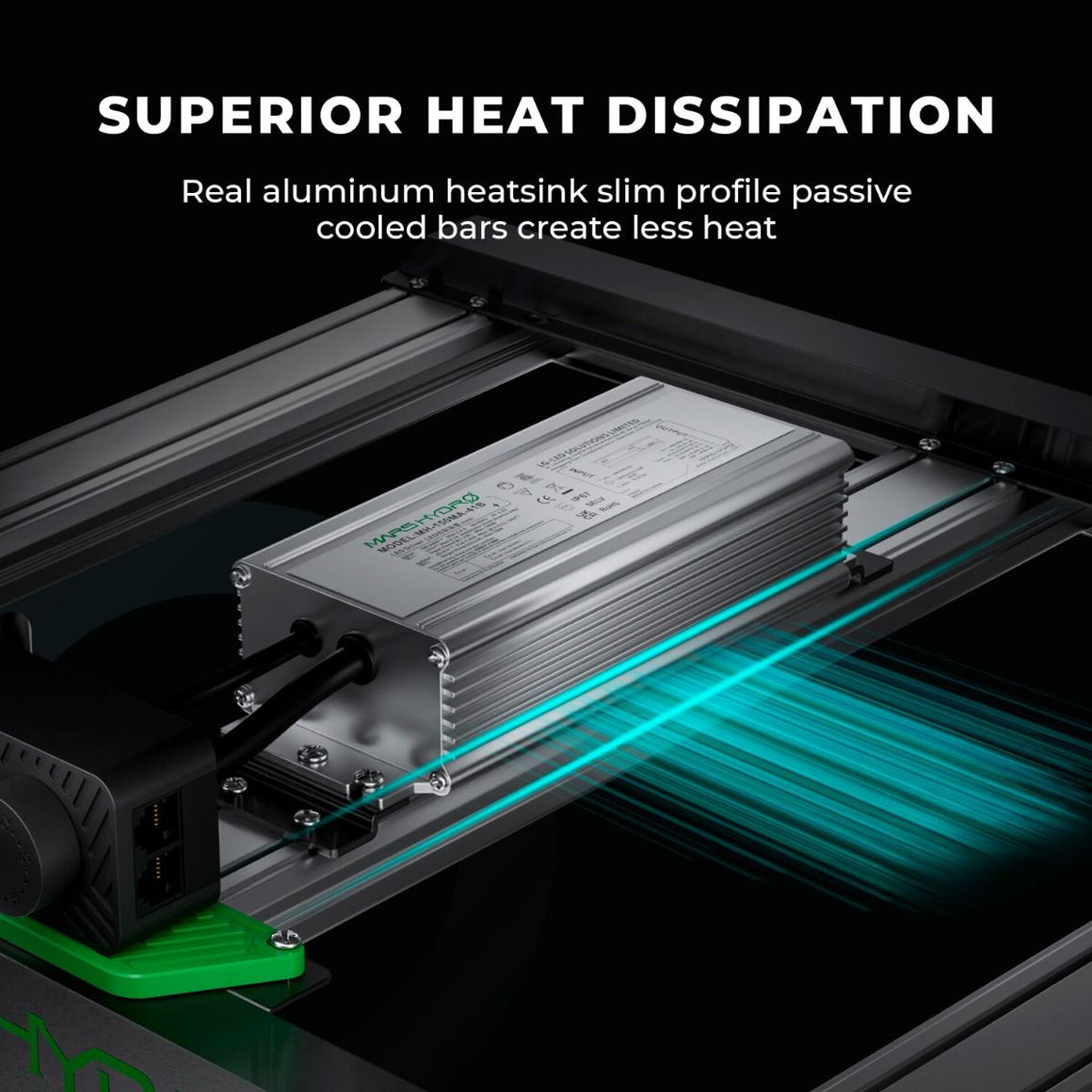 Mars Hydro FC-E LED grow light with aluminum heatsink and blue heat dissipation lines.