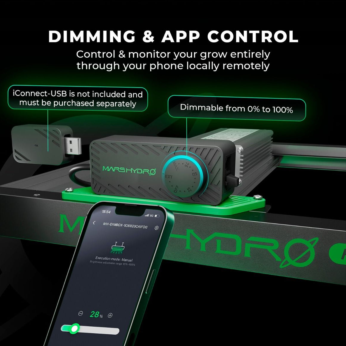 Mars Hydro FC-E LED grow light controller with dimming dial, app control on phone, and USB dongle accessory.
