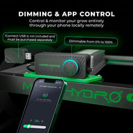 Mars Hydro FC-E LED grow light controller with dimming dial, app control on phone, and USB dongle accessory.