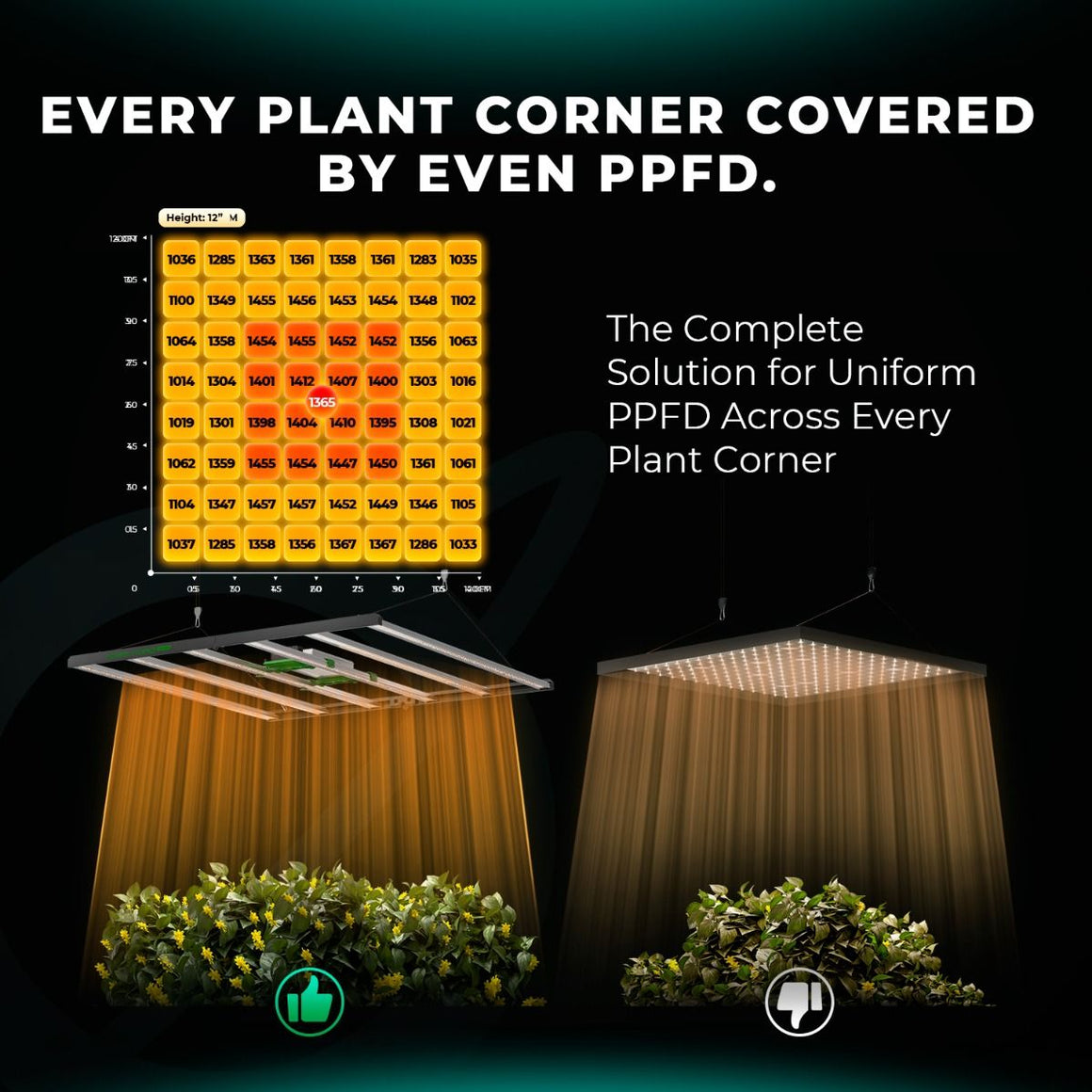 Mars Hydro FC6500 grow light PPFD map shows uniform light coverage, ensuring every plant corner receives even light.
