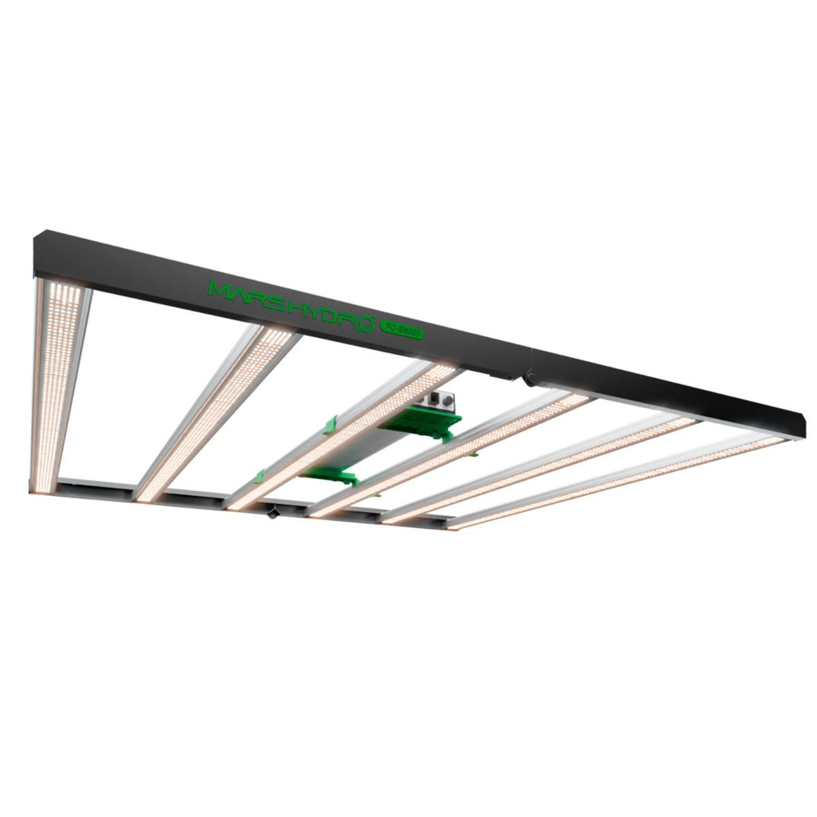 Mars Hydro FCE8000 800W LED grow light with white LED bars and green dimmer box.