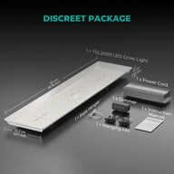 Mars Hydro TSL2000 LED grow light kit with accessories and dimensions.