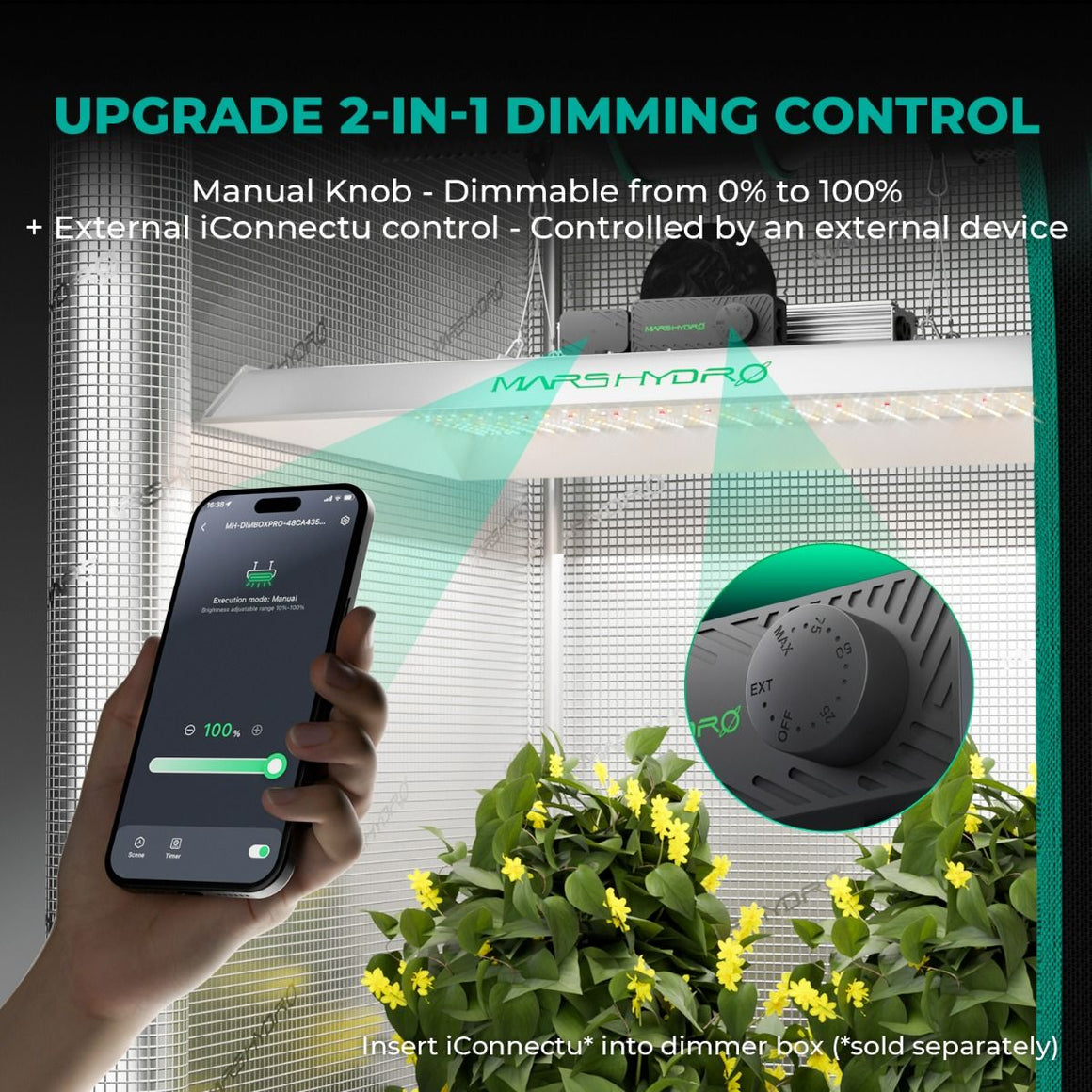 Mars Hydro TSL2000 LED grow light with upgraded 2-in-1 dimming: manual knob & app control via iConnectu.