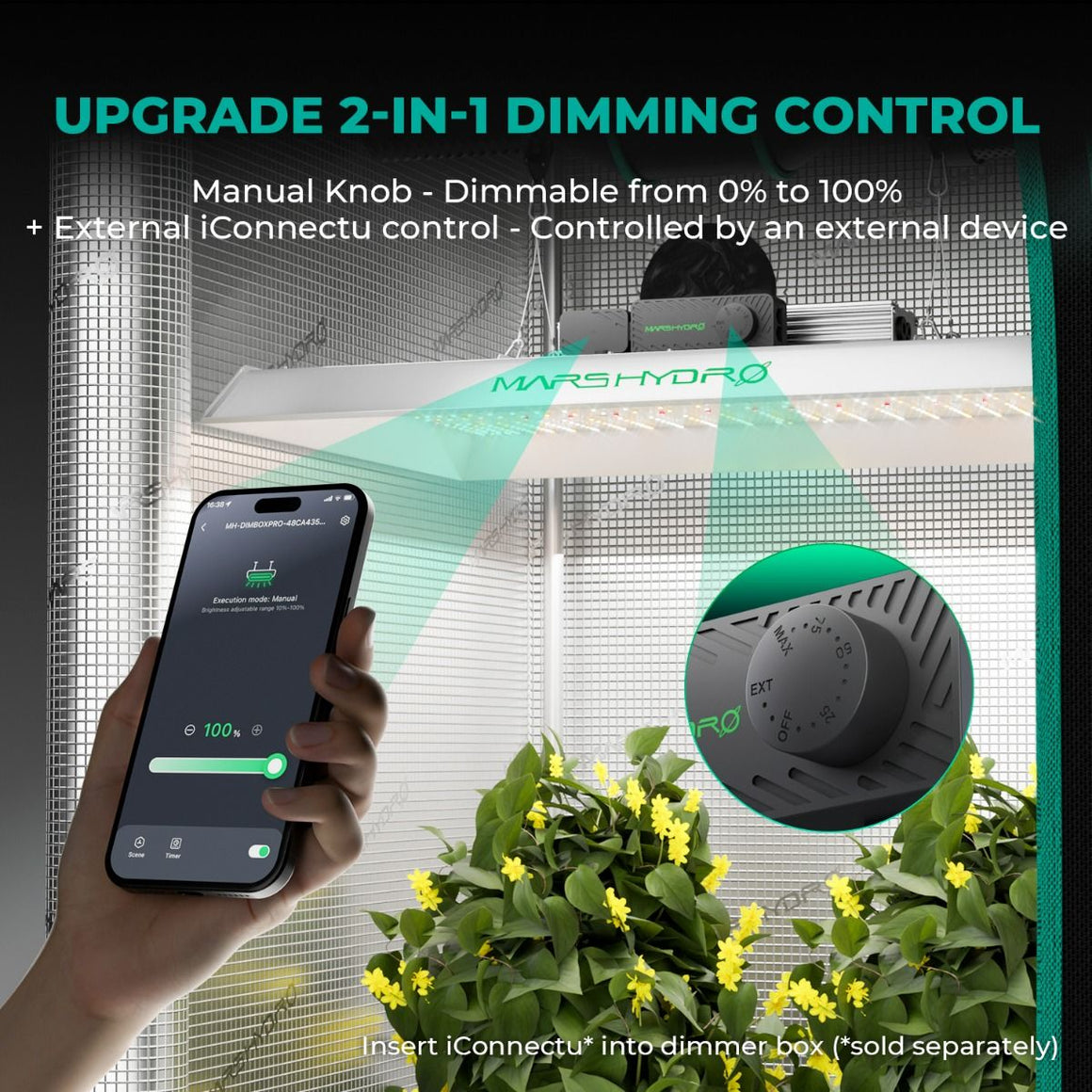 Mars Hydro TSW2000 grow light with 2-in-1 dimming control: manual knob and external iConnectu app.