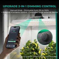 Mars Hydro TSW2000 grow light with 2-in-1 dimming control: manual knob and external iConnectu app.