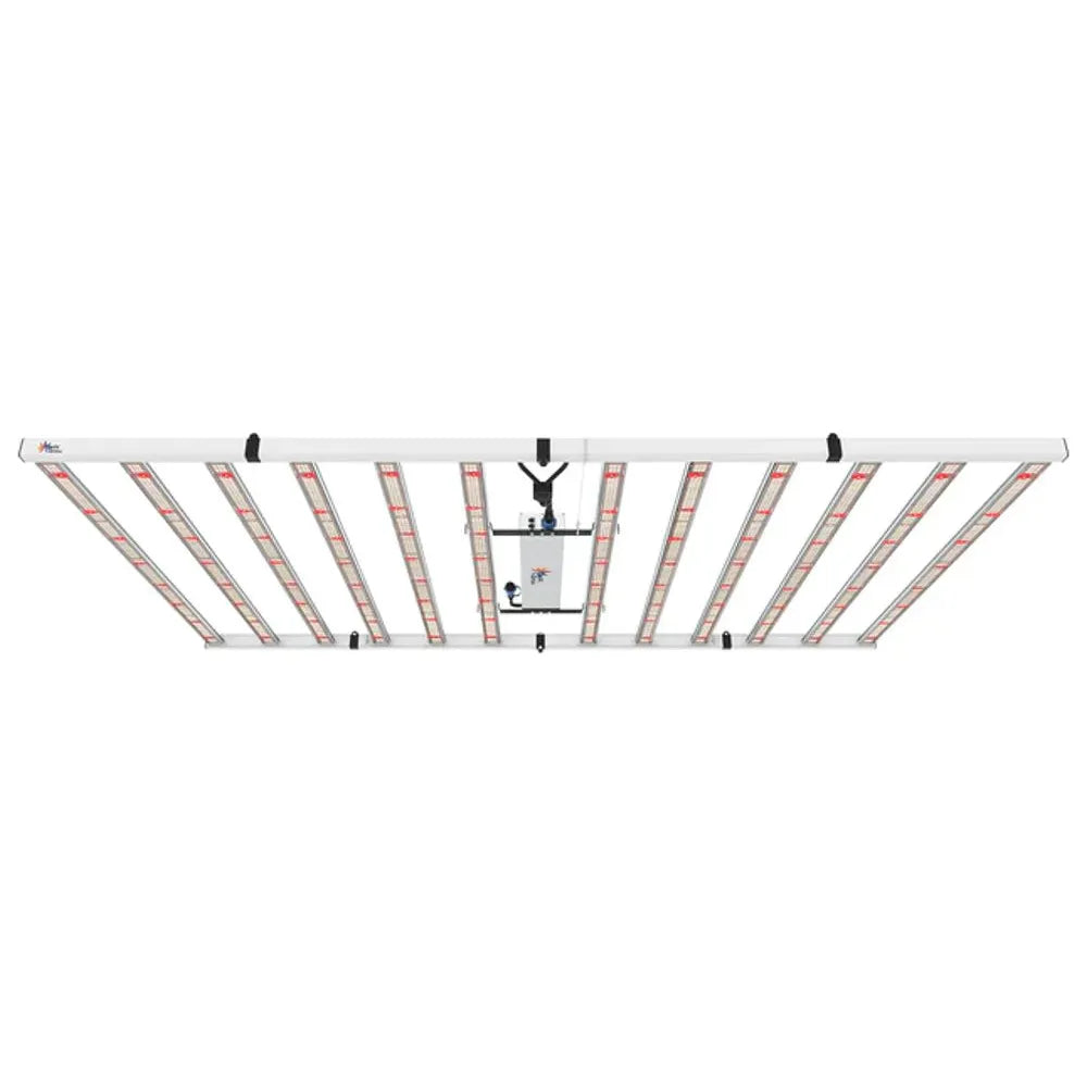 White foldable 1200W full spectrum LED grow light with 8 light bars and central driver unit, angled view.