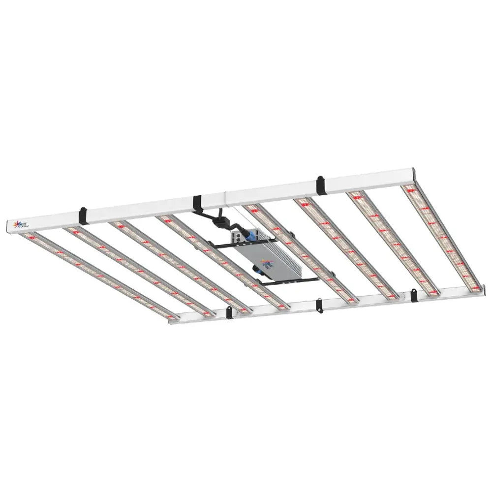 Medic Grow foldable 800W full spectrum LED grow light, white frame with multiple illuminated bars and central driver.