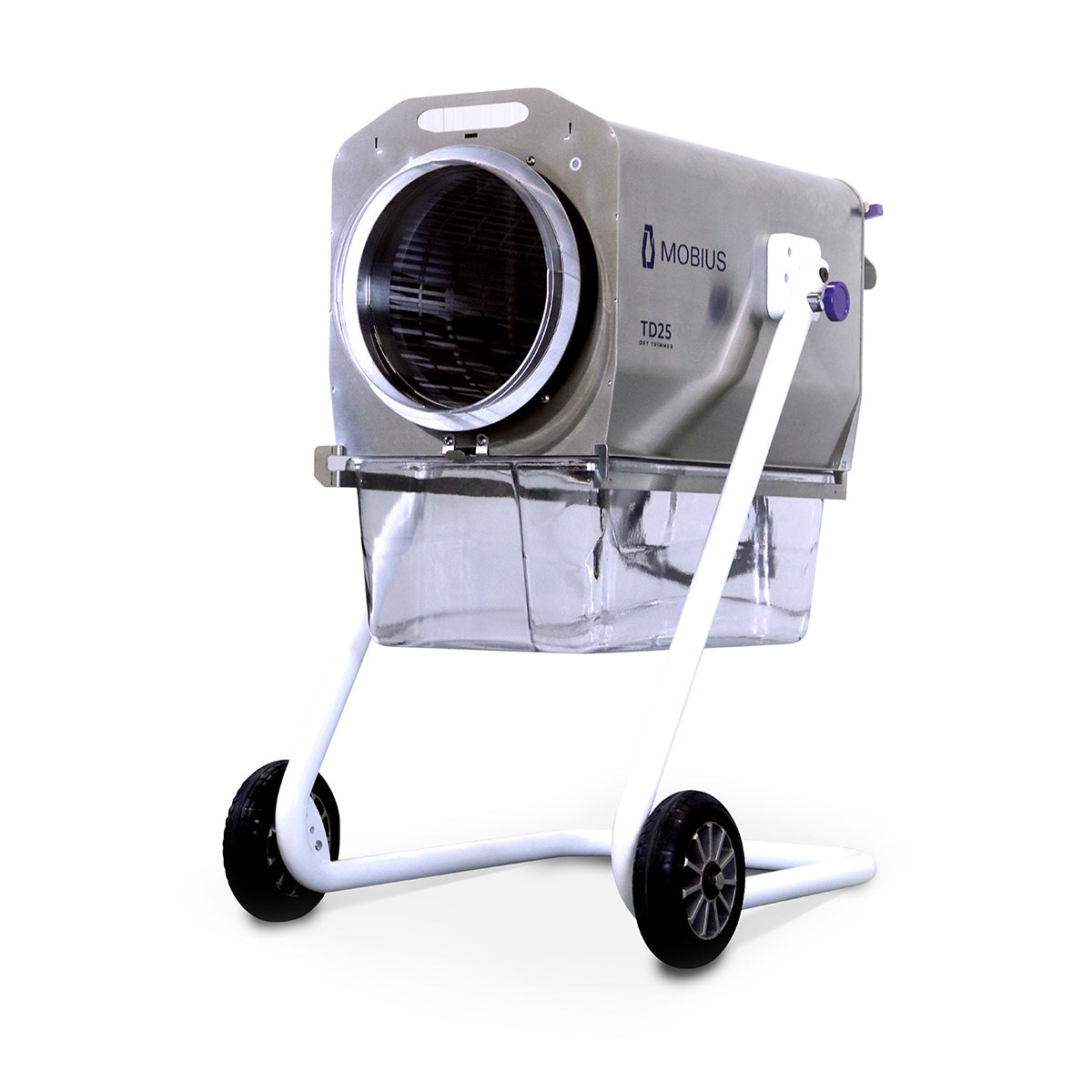MOBIUS TD25 grey dry trimmer with circular opening, clear bin, and white wheeled stand.