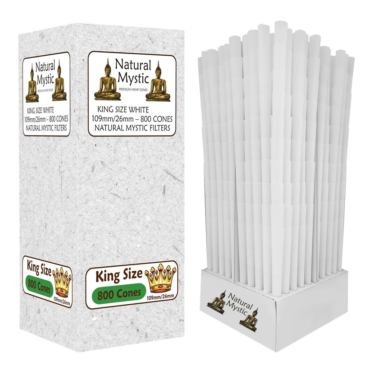 Natural Mystic king size white cones in display box.