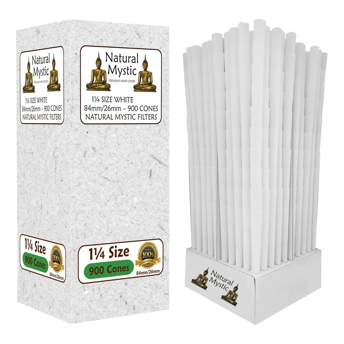 Natural Mystic white 1 1/4 size pre-rolled cones with filters, pack of 900.
