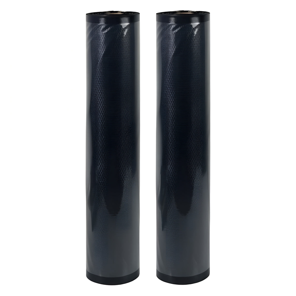 Two rolls of embossed black vacuum seal bags on white background.
