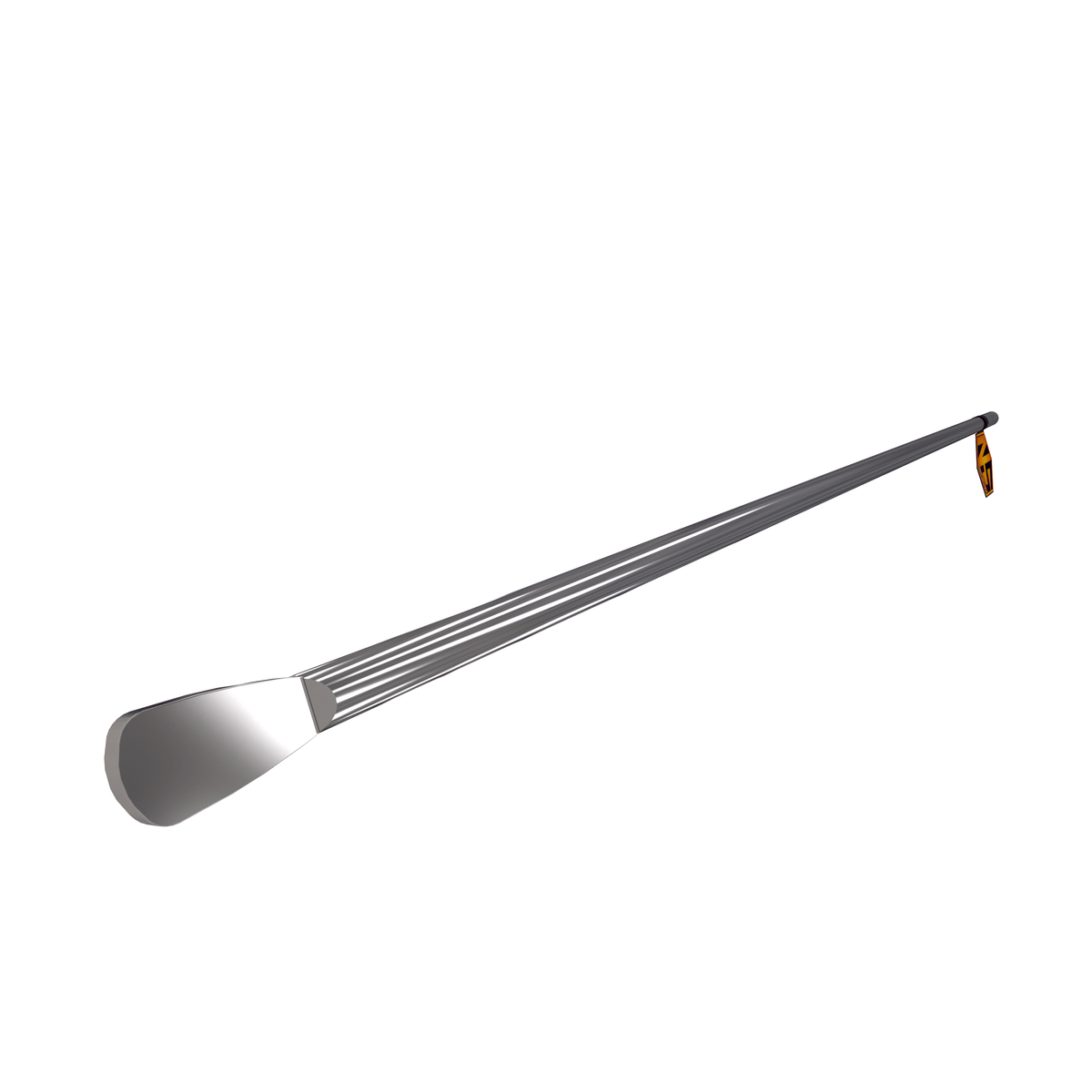 Silver tool with a wide, flat end and a long, thin handle, possibly a dab tool or scooper.