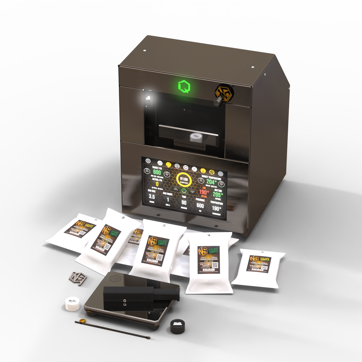 NugSmasher IQ rosin press with extraction bags, scale, and dab tool.