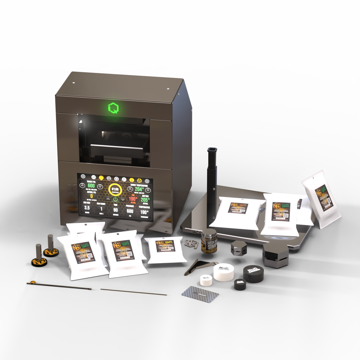 NugSmasher IQ rosin press with extraction bags, jars, and accessories.
