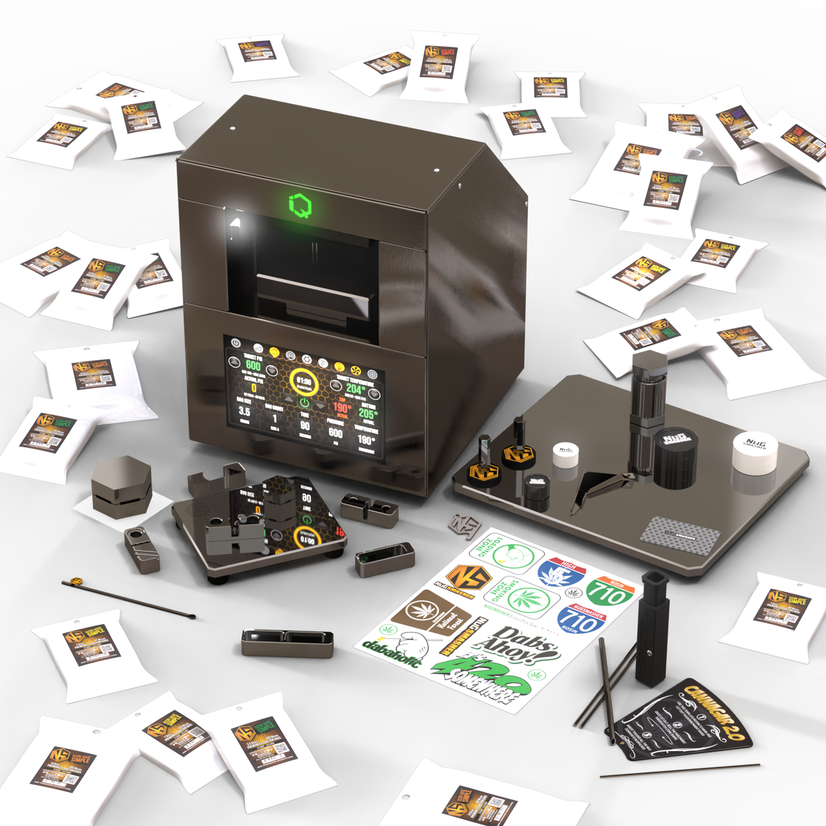 Nugsmasher IQ 4-Ton Electric Rosin Press Master Bundle with extraction bags, tools, and accessories.