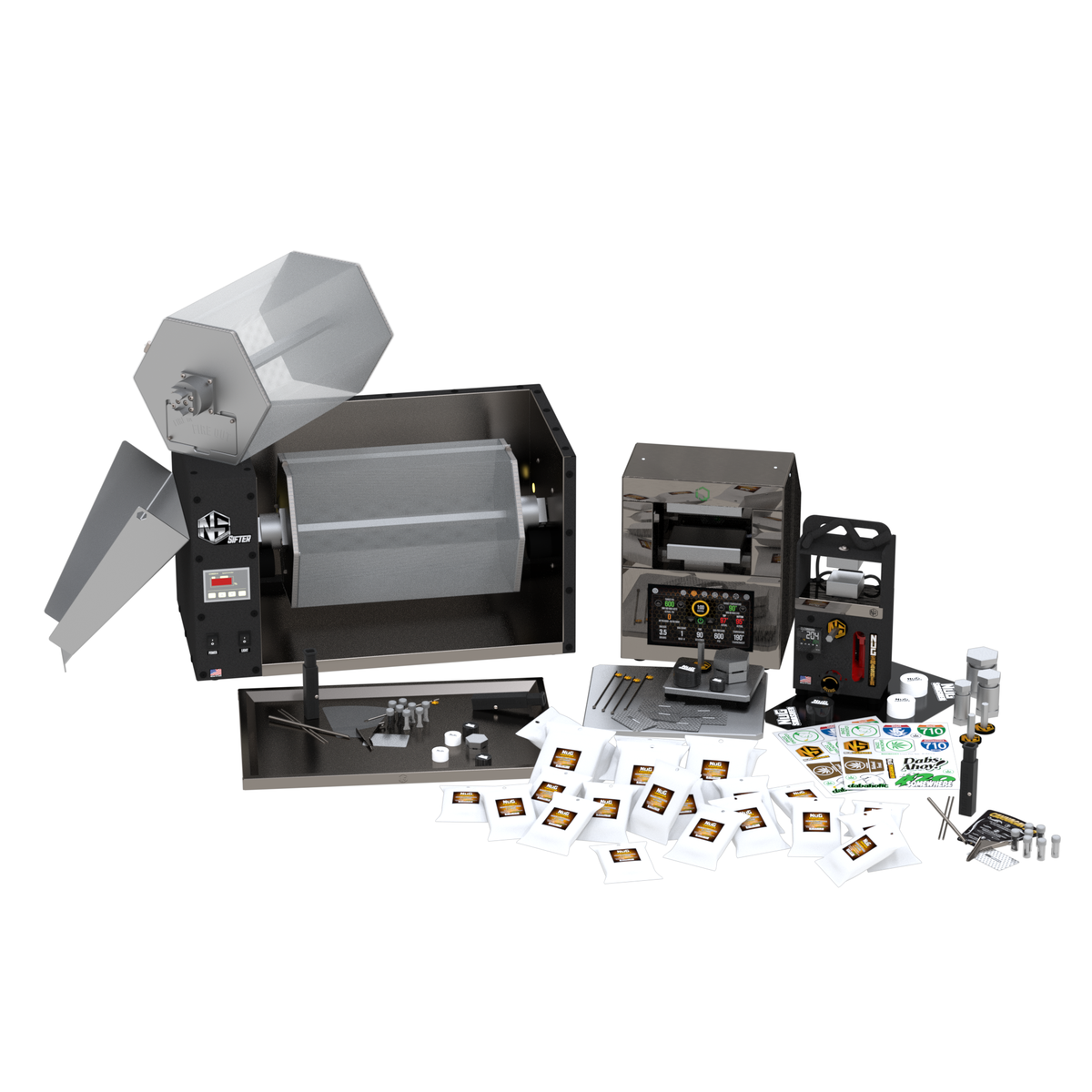 Nugsmasher IQ rosin press with extractor, bags, and accessories.