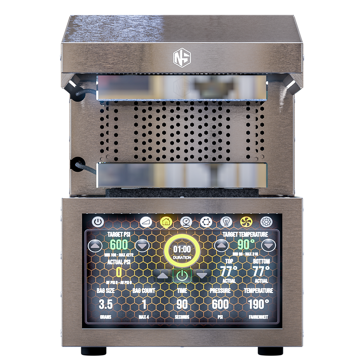 Nugsmasher IQ Pro rosin press with a digital touchscreen display showing PSI, temperature, and duration settings.