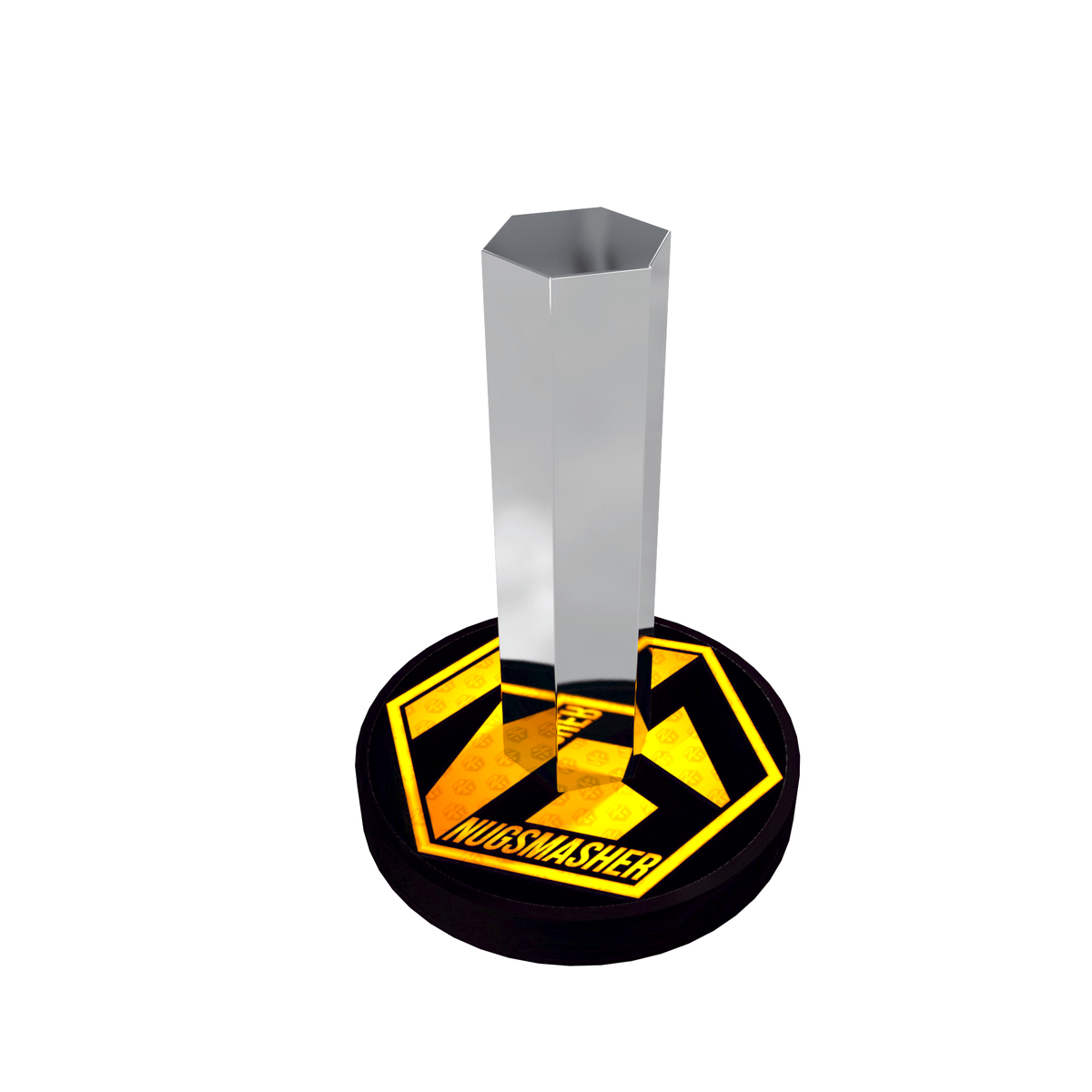 A silver hexagonal trophy on a black and yellow "NUGSMASHER" base.