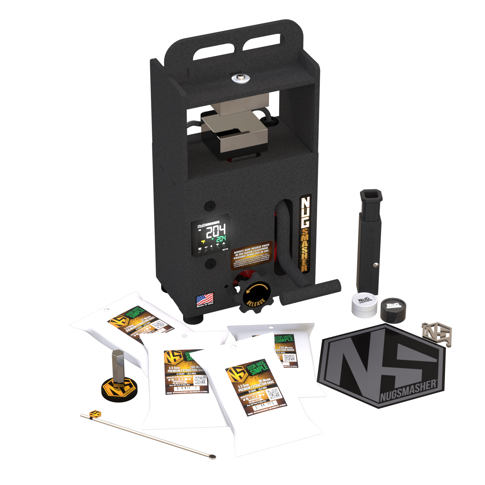 NugSmasher Mini 2 Ton Rosin Press with accessories