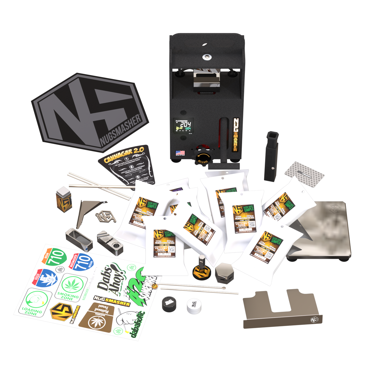 Nugsmasher Mini 2-Ton Rosin Press Master Bundle includes rosin press, bags, dab tools, and stickers.