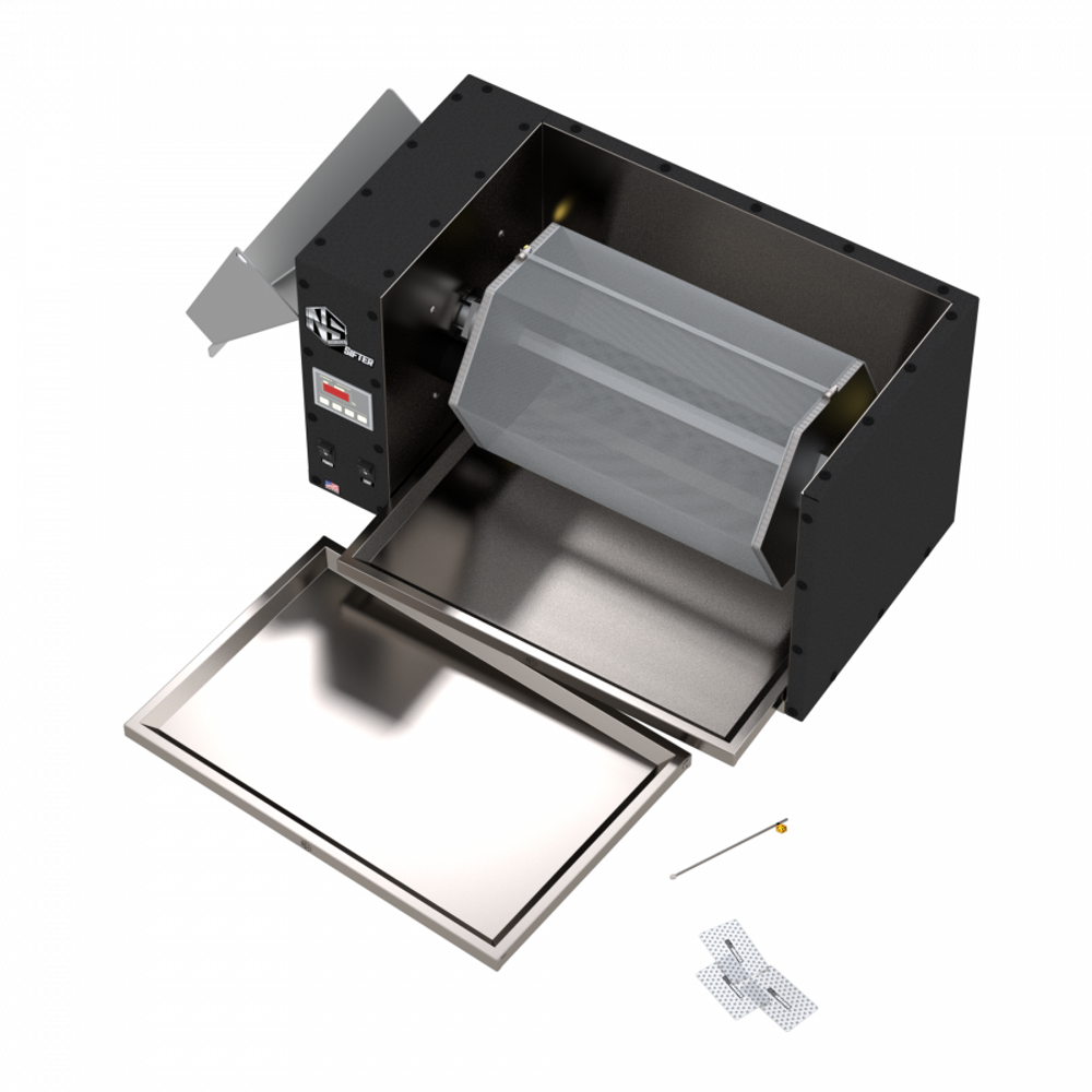 Roller sifter with tray and accessories, black casing, mesh drum, stainless steel.